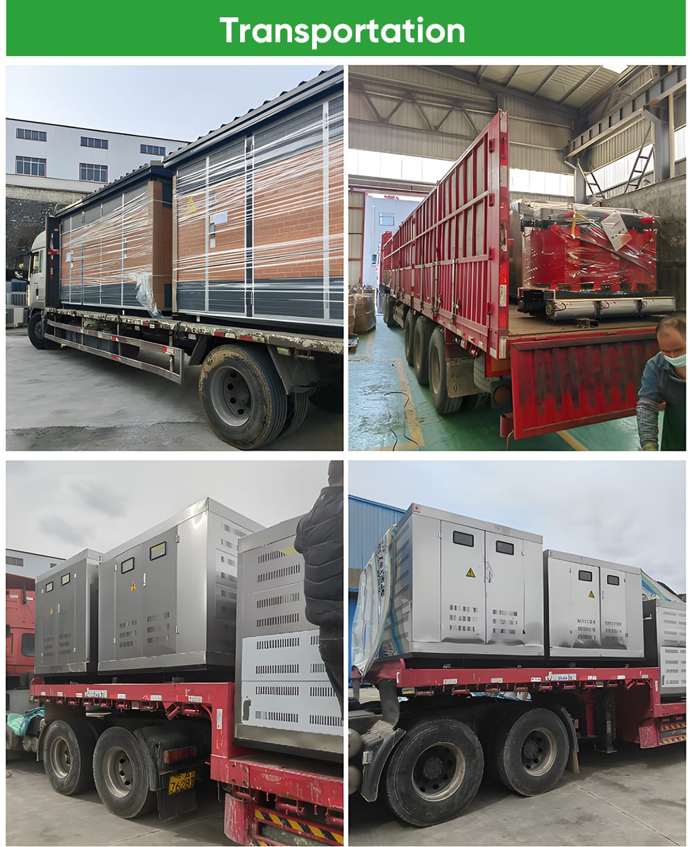 Packaging and transportation images of SCB11 dry transformers including wooden crates, shock-proof protection, and container loading.