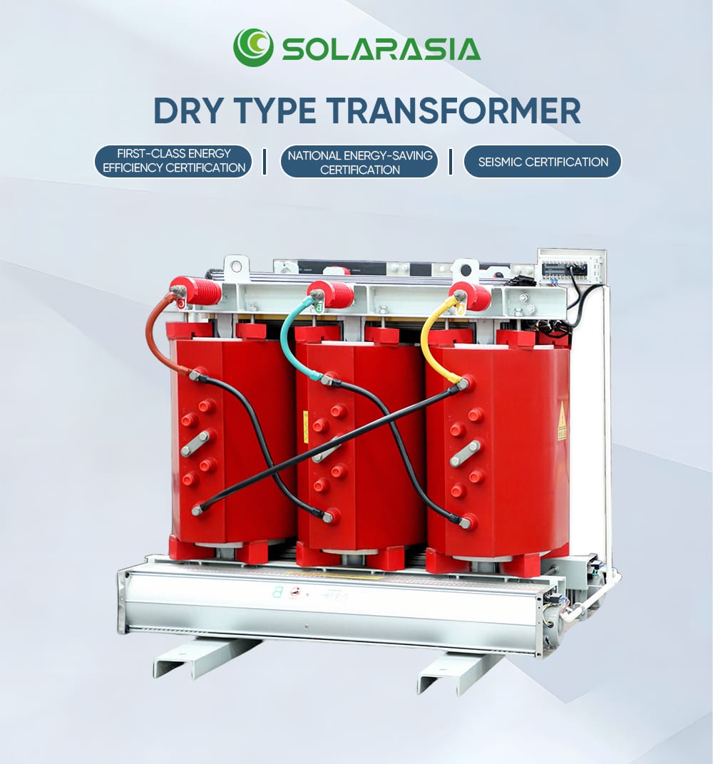 Main display of SCB11 30KVA dry type cast resin transformer featuring energy efficiency certification, national energy-saving certification, and seismic certification.
