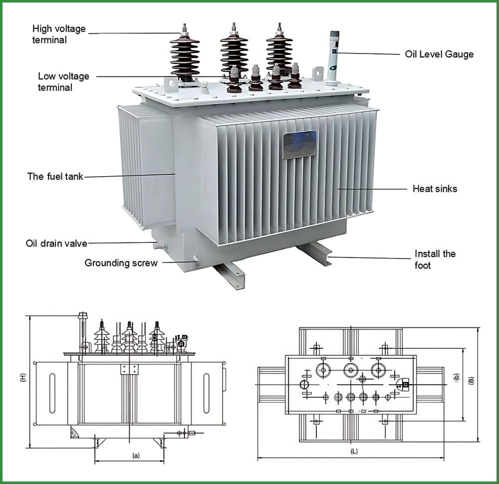 Diagram showing high-voltage terminal, low-voltage terminal, oil level gauge, oil tank, drain valve, grounding screw, heat sinks, and foot installation.