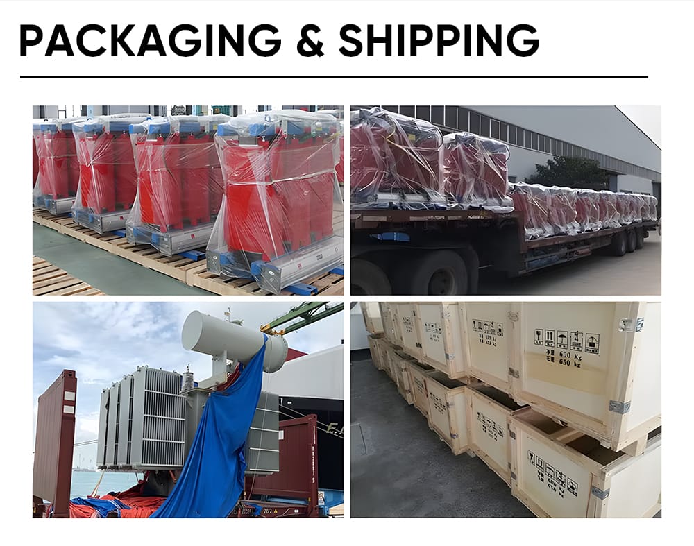 Packaging and logistics photos showing wooden crates, shock-proof protection, and loading procedures for SCB11 DRY transformers.