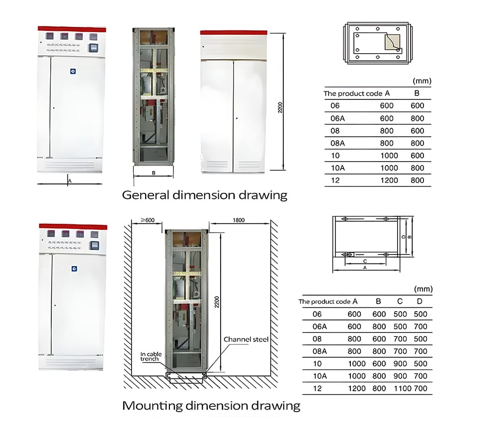 General dimension drawing of GGD low voltage switchgear for space planning and installation