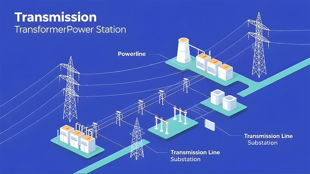 Diagram illustrating the power flow from transmission lines through transformers to substations, showing the operating principle of a three-phase dry-type transformer.