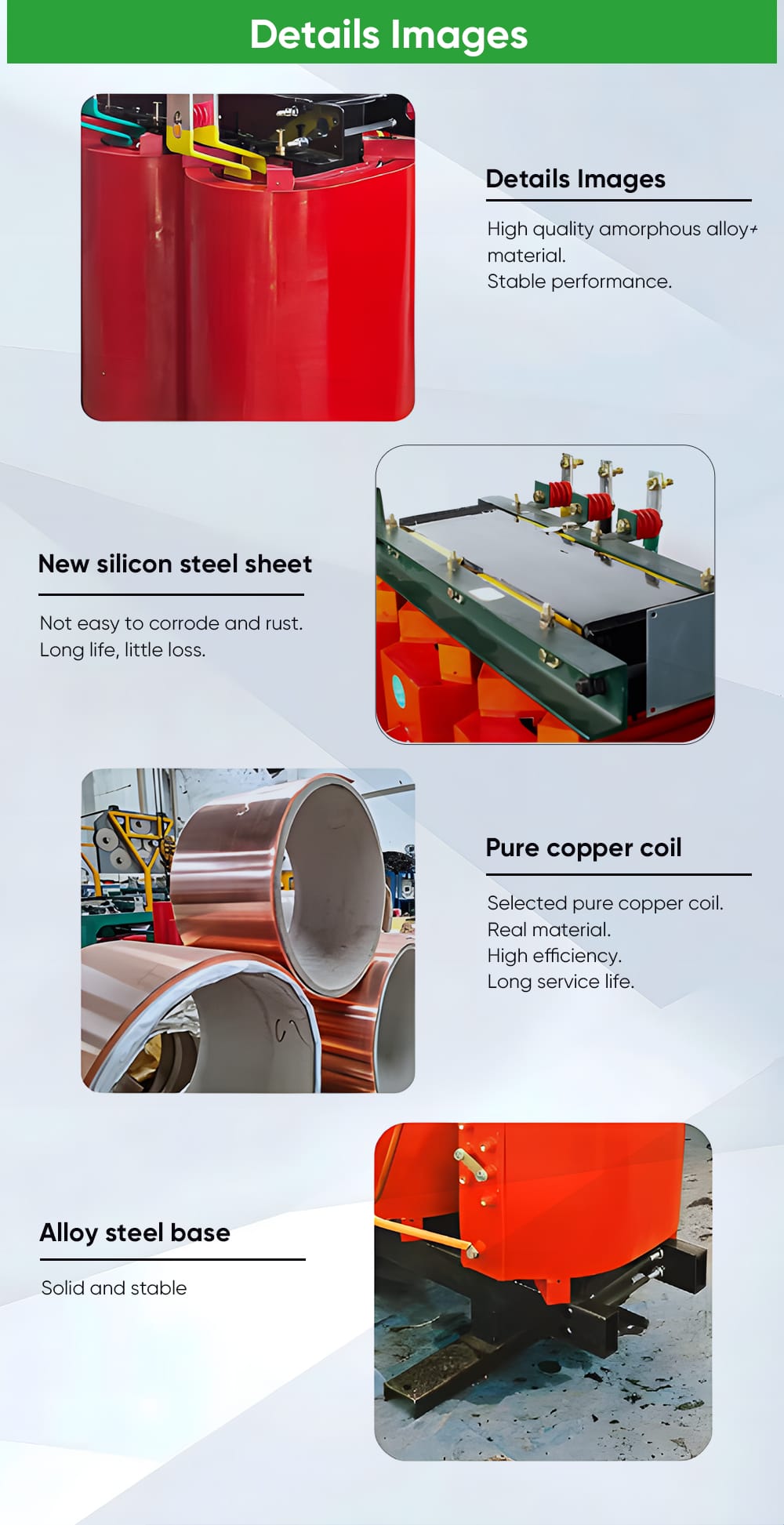 Close-up detail images showing silicon steel core, amorphous alloy, pure copper coil, and alloy steel base used in SCB11 160KVA dry transformer.
