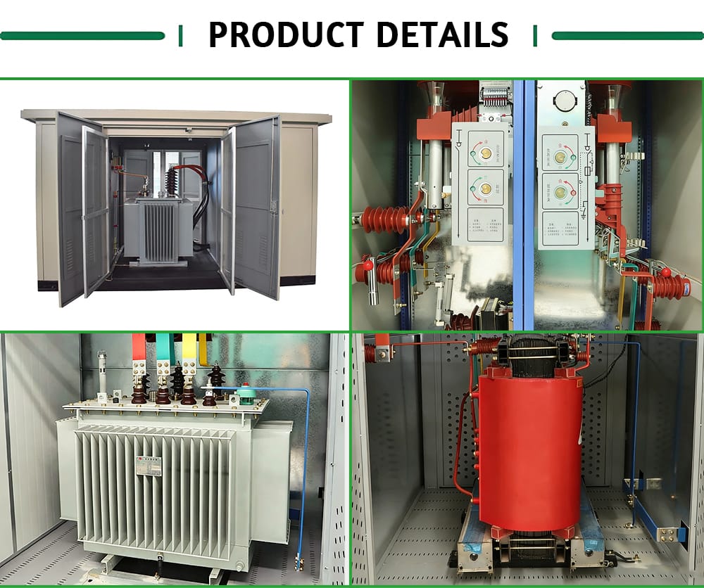Close-up collage showing detailed workmanship and component quality of a 30-1600KVA Prefabricated Substation.