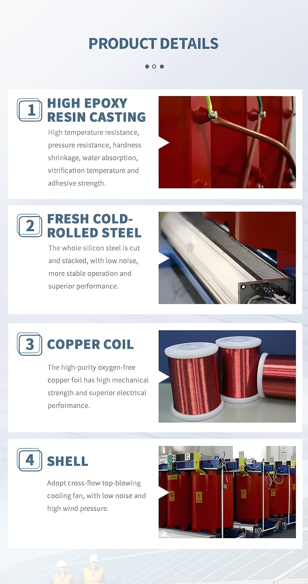 Close-up detail features of SCB11 30KVA dry transformer including epoxy resin casting, cold-rolled silicon steel, oxygen-free copper coil, and cooling fan shell.