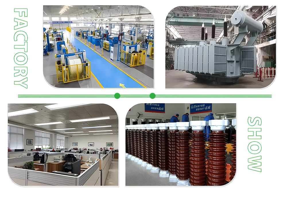 Factory collage showing core production, coil winding, oil tank fabrication, assembly, and testing lines.