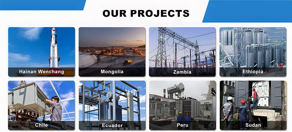 Collage showing SCB11 dry transformer project installations in Hainan Wenchang, Chile, Mongolia, Ecuador, Zambia, Peru, Ethiopia, and Sudan.