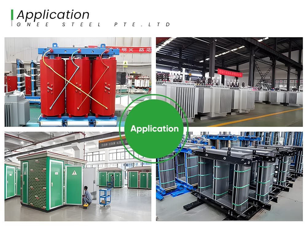 Collage showing transformer use in industrial zones, rural grids, commercial buildings, and utility networks.