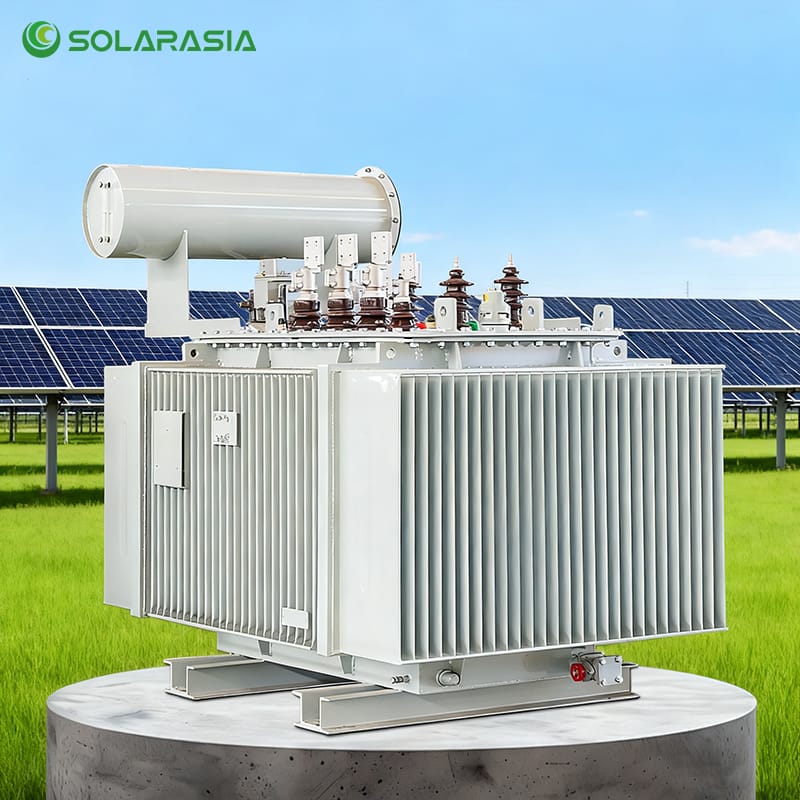 A complete display of a 63kVA 35KV oil type transformer designed for high-voltage electrical systems.