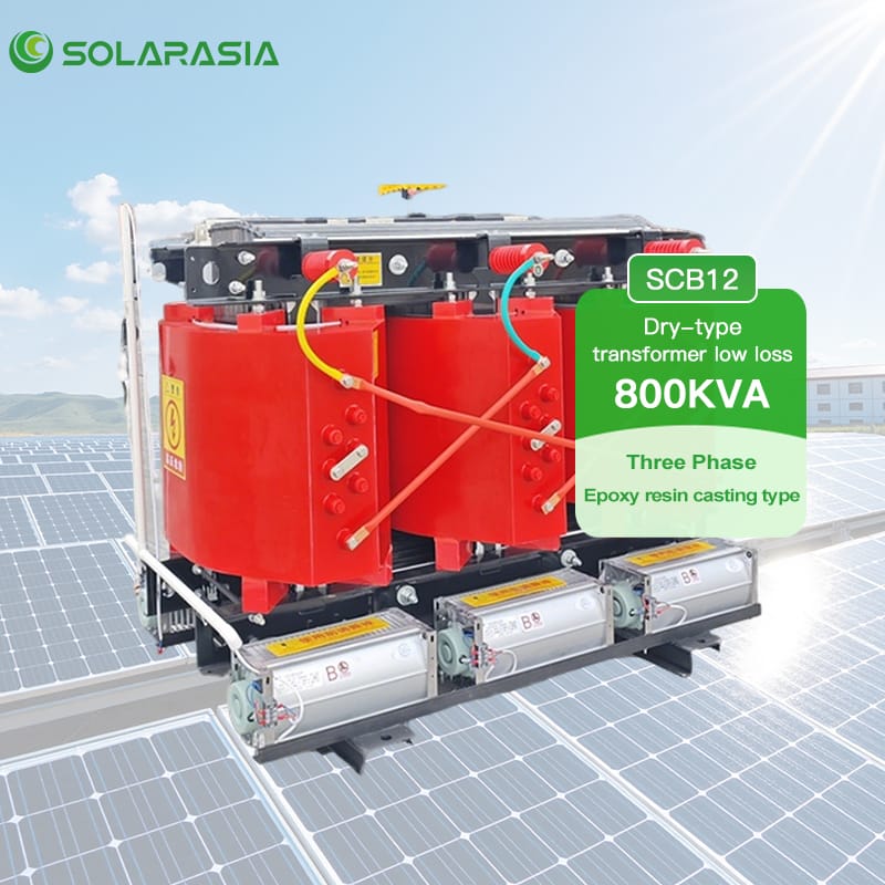 SCB12 dry type transformer specifications infographic showing 800KVA, three-phase, low loss, epoxy resin casting