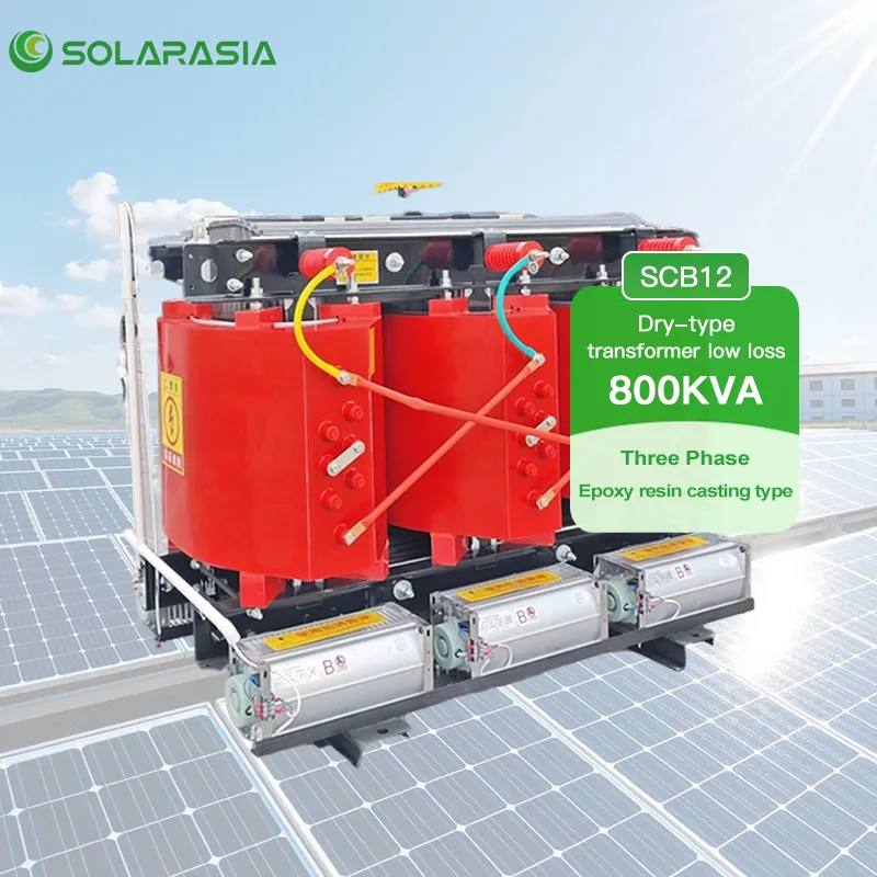 SCB12 dry type transformer specifications infographic showing 800KVA, three-phase, low loss, epoxy resin casting