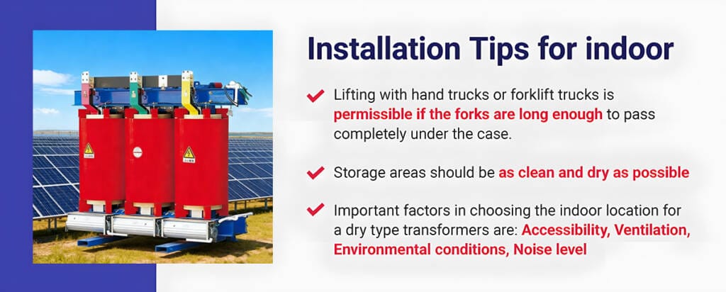 Dry type transformer indoor installation guidance including safe lifting, clean storage, accessibility, ventilation, environmental conditions, and noise considerations.
