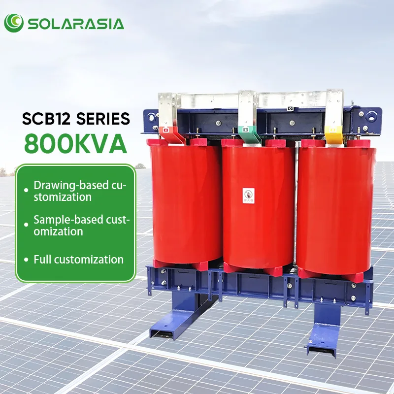 SCB12 800KVA dry type transformer feature infographic showing drawing-based, sample-based, and full customization
