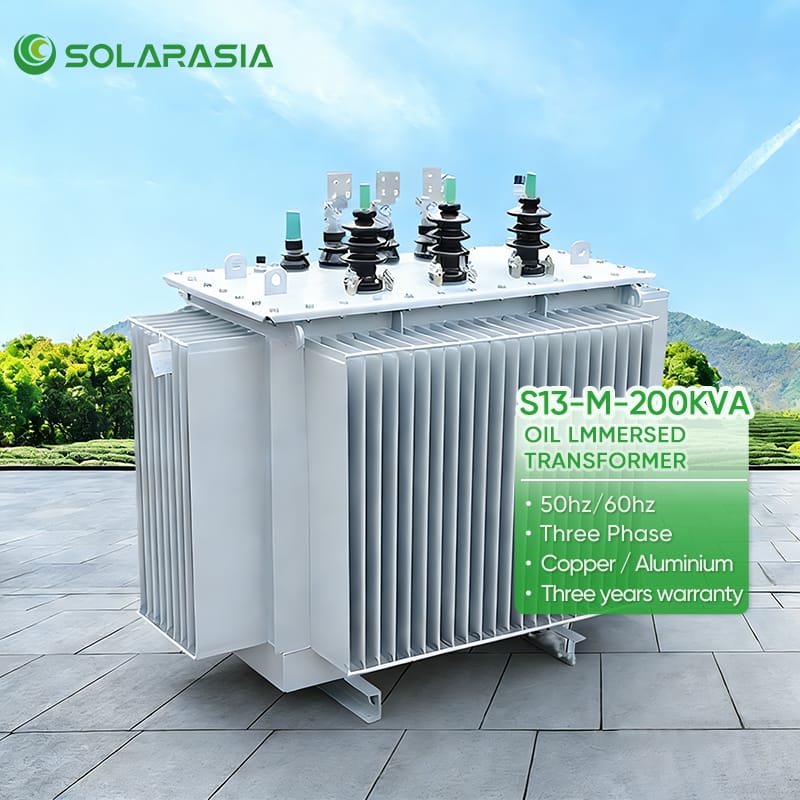 Information display of S13 M 200KVA oil transformer with specifications: 50Hz/60Hz, Three Phase, Copper/Aluminium windings, Three years warranty.