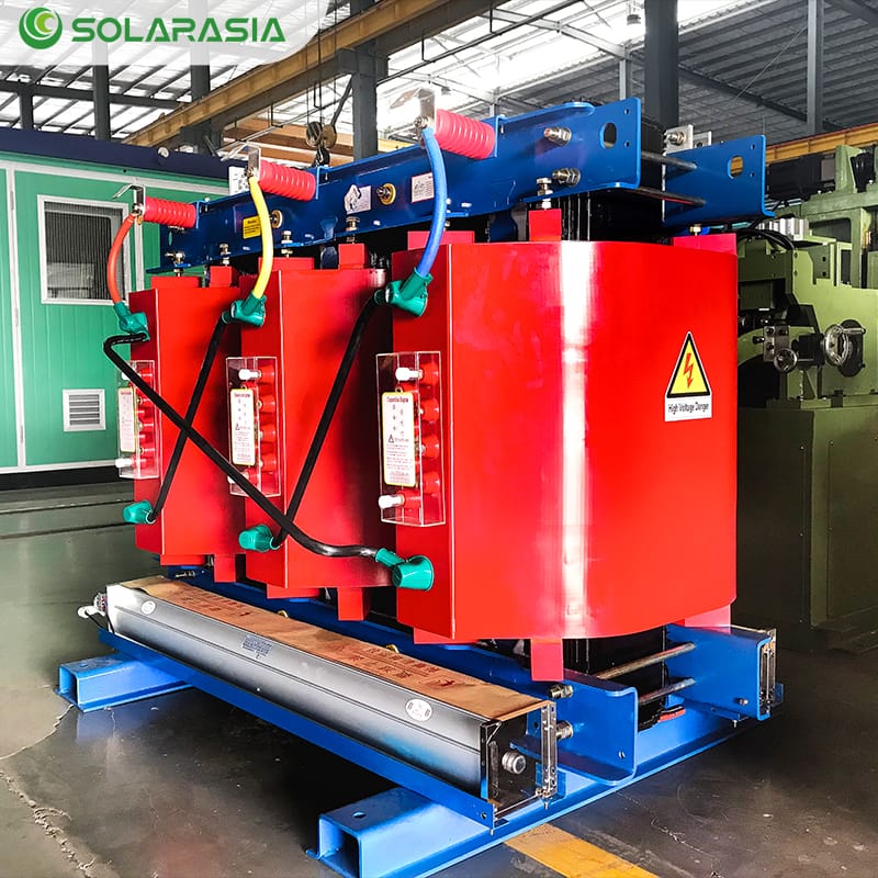 Finished SCB12 10KV cast resin dry type transformers lined up in factory workshop for inspection and delivery