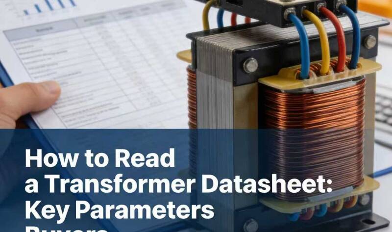 Illustration of a transformer datasheet highlighting key parameters for buyers in power distribution projects.