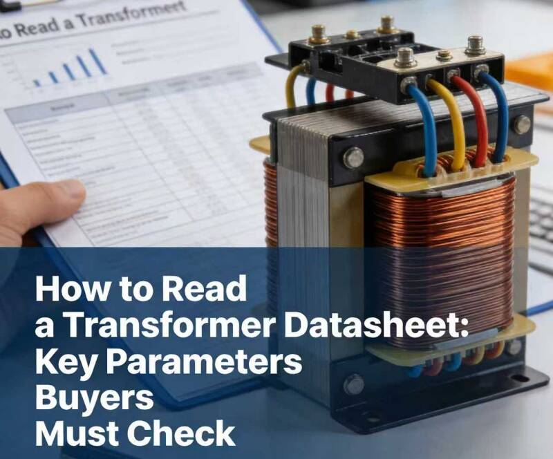 Illustration of a transformer datasheet highlighting key parameters for buyers in power distribution projects.