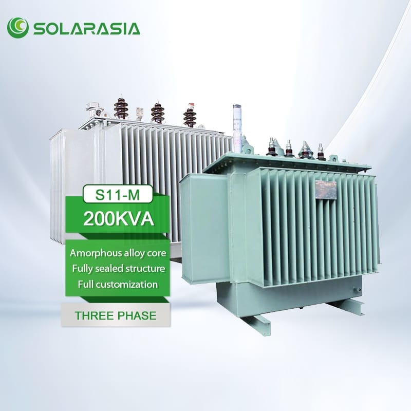 Feature diagram of S13 M 200KVA oil transformer showing amorphous alloy core, fully sealed structure, full customization, and three-phase design.