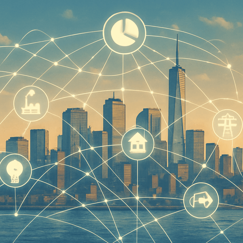 An illustrated diagram with icons representing key drivers: smart grid, solar/wind energy, rising city skyline, industrial growth, and government policy documents.