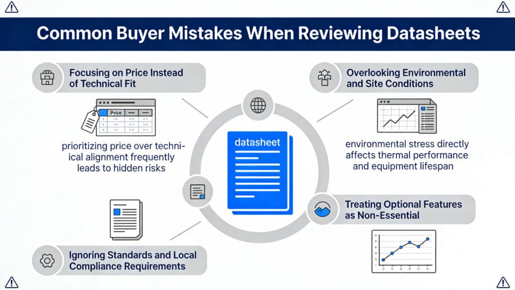 Graphic showing common buyer mistakes in reviewing transformer datasheets, including ignoring system coordination and short-circuit ratings.