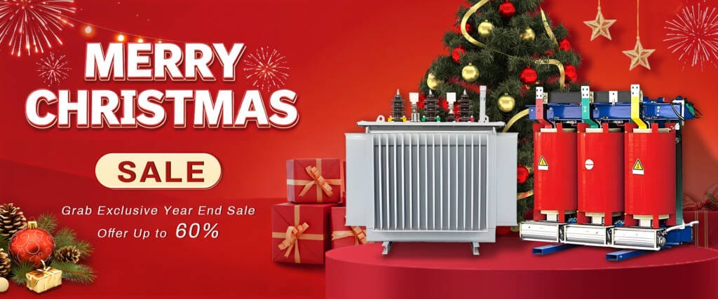 Christmas transformer sale banner showing Merry Christmas message with year-end discount up to 60%