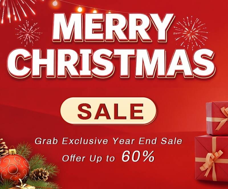 Christmas transformer sale banner showing Merry Christmas message with year-end discount up to 60%