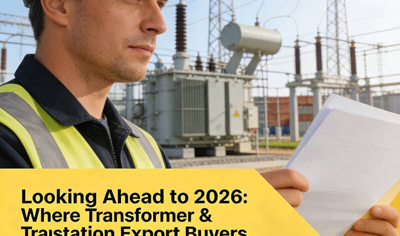 Illustration of transformers and substations showing 2026 technology trends for export buyers, including smart transformers, dry type and oil immersed types.