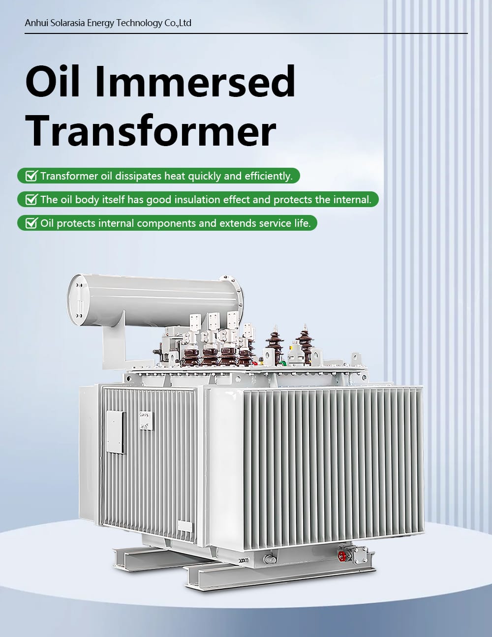 Main view of a 35KV oil immersed three phase transformer showing efficient heat dissipation and internal insulation protection.