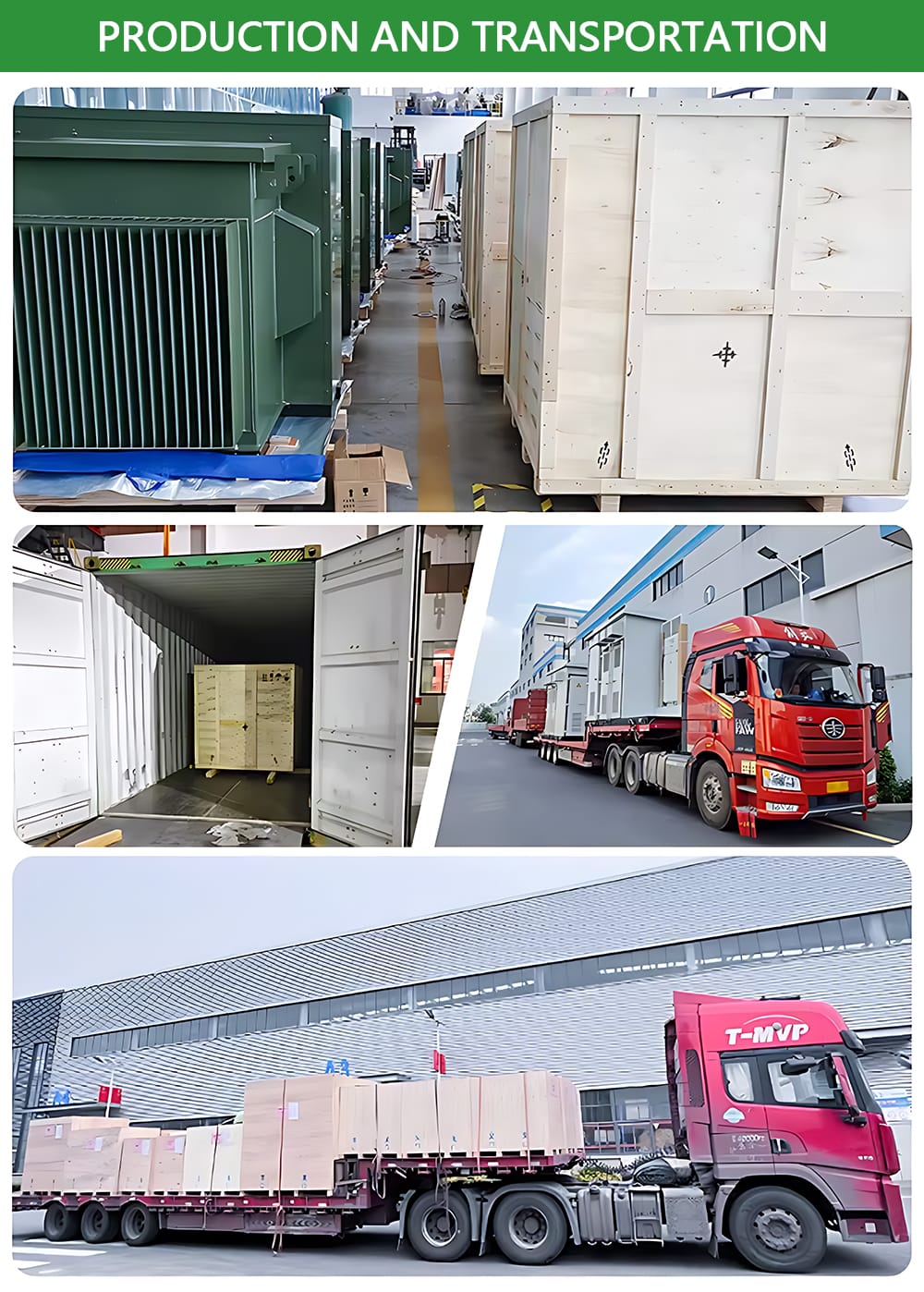 Collage of packaging, wooden crates, protective wrapping, and shipment preparation for 35KV oil transformers.