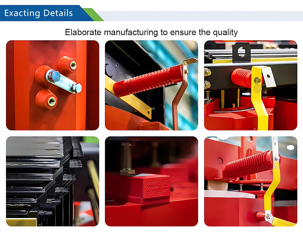 Manufacturing details of SCB13 10KV dry type transformer showing epoxy cast windings