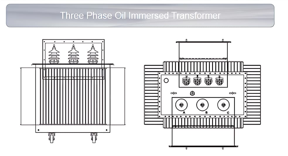 Outline diagram of 200KVA oil transformer showing the structure and layout of internal and external components.
