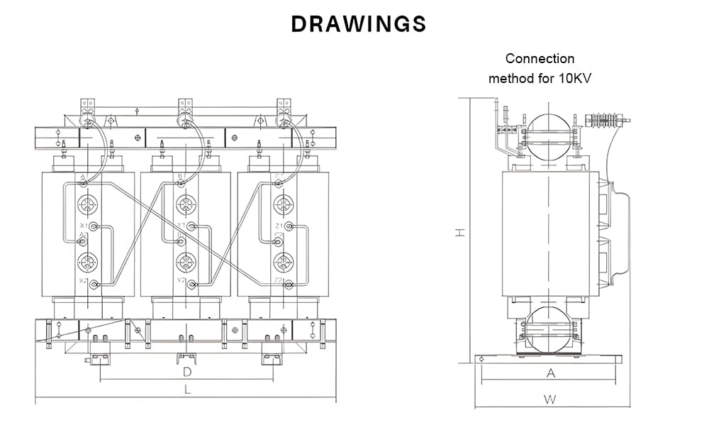 Engineering drawings of SCB13 cast resin dry type transformer showing structure and layout