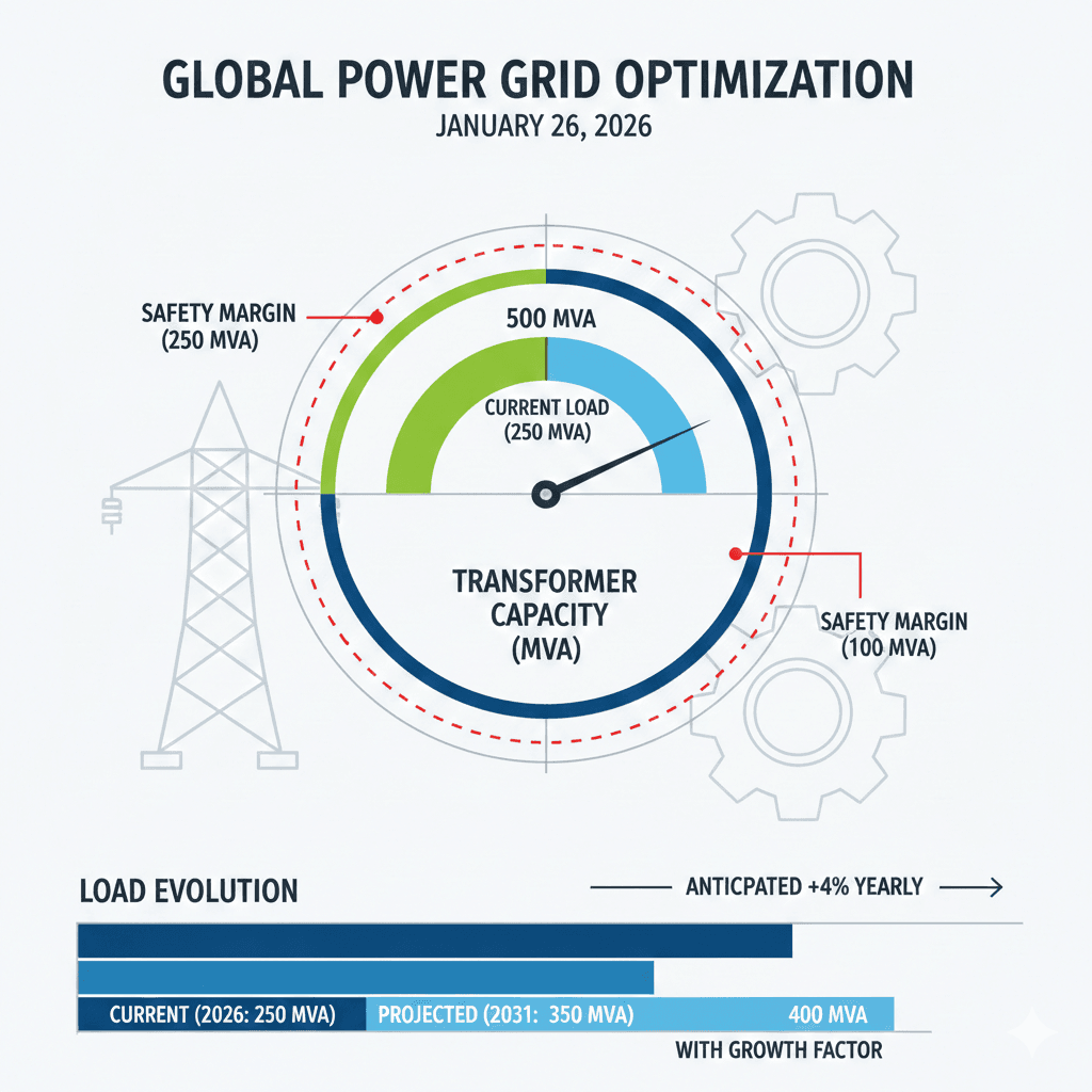 Transformer capacity planning concept showing load, capacity, and safety margin
