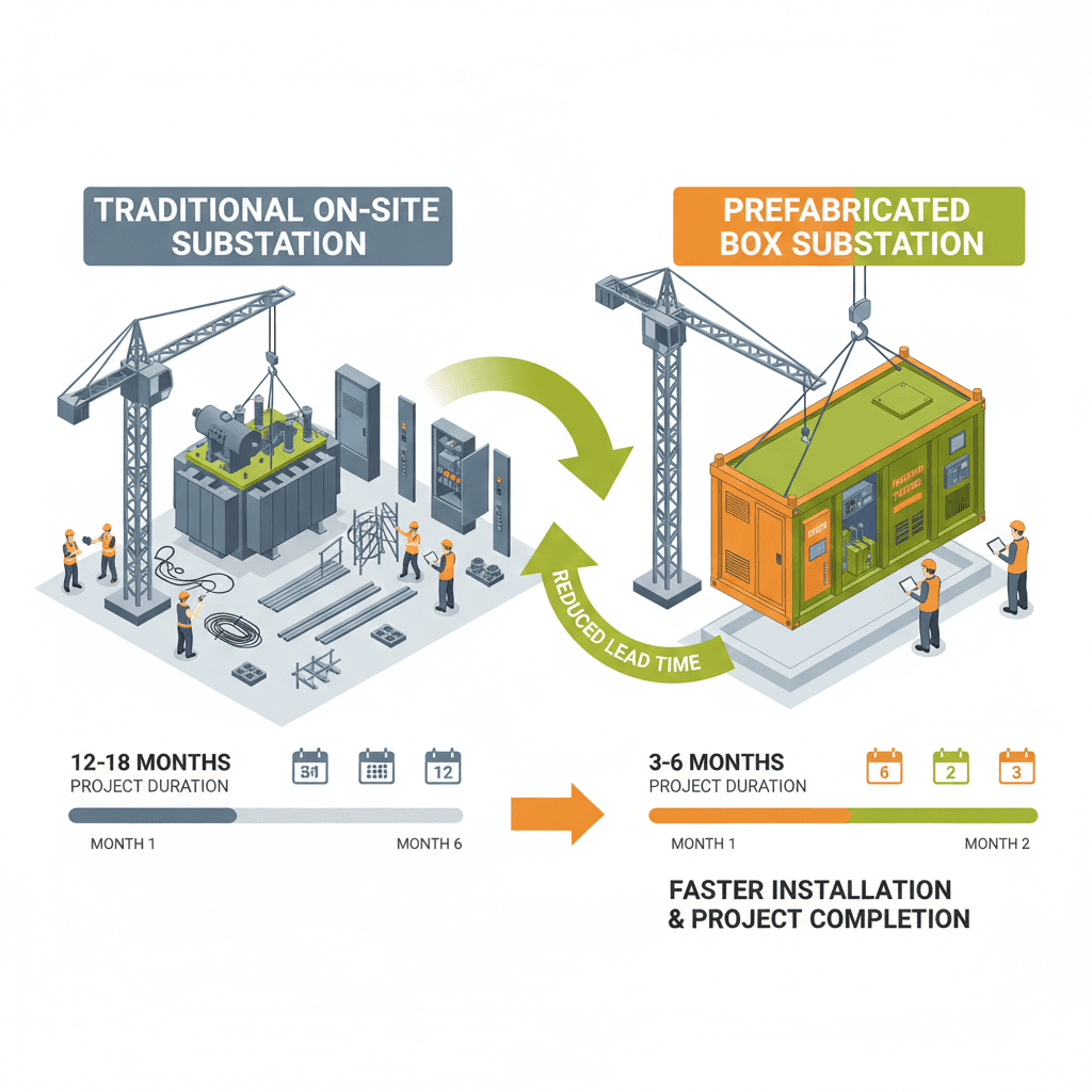 Comparison chart showing installation time reduction using a prefabricated box substation