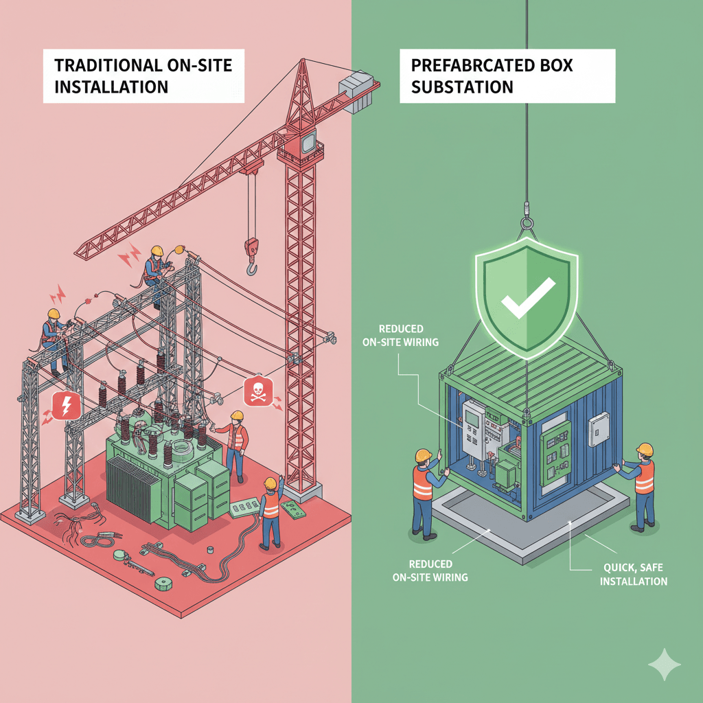 Construction workers installing a prefabricated box substation safely on-site