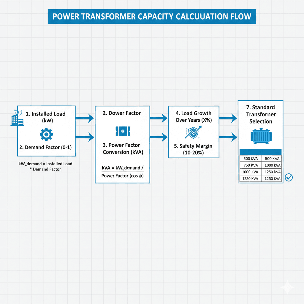Transformer capacity calculation flow including demand factor, load growth, safety margin, and standard kVA selection