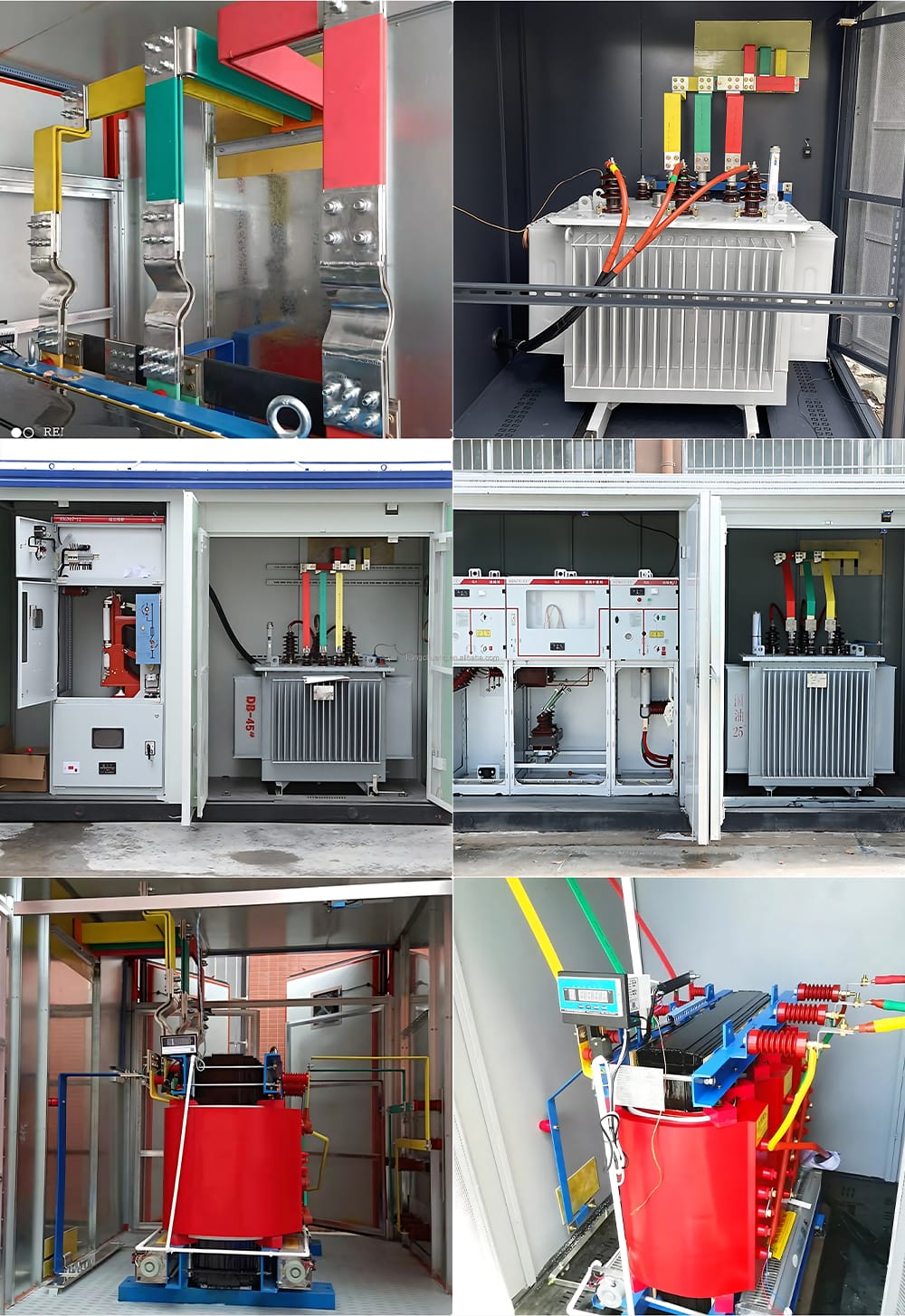 Internal view of 35KV compact substation showing switchgear, oil immersed transformer, and dry type transformer