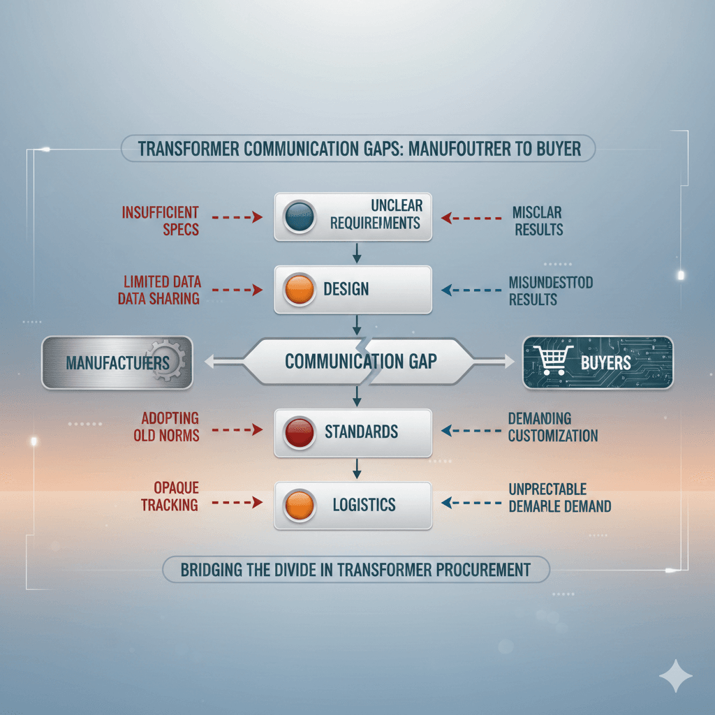 Diagram showing common communication gaps between buyers and transformer manufacturers