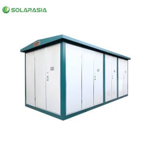 Front view of a 630KVA compact substation transformer on a white background, ideal for industrial and commercial power distribution.