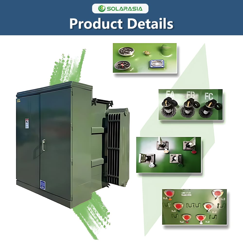 Detail views showing enclosure, components, and internal structure of 1250KVA pad mounted transformer substation
