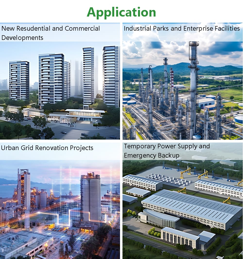 Applications of 630KVA compact substation transformers in new residential and commercial developments, urban grid renovations, industrial parks, and temporary power supply projects.