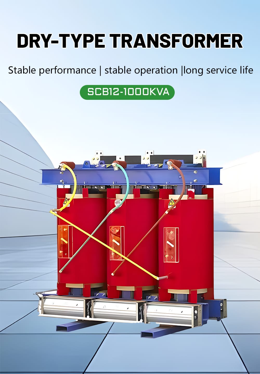 Product image of SCB12-1000KVA dry type transformer highlighting stable performance, stable operation, and long service life