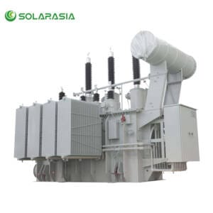 Front view of 3150KVA oil immersed transformer showing robust design, ideal for electrical substations and industrial power distribution.