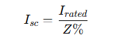 Transformer fault current multiplier calculation showing relationship between impedance percentage and fault current level 3️⃣ 说明文字