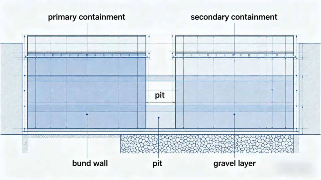 transformer oil containment key components including pit, bund wall and oil water separator