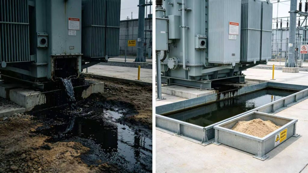 transformer oil spill containment system protecting substation from environmental damage