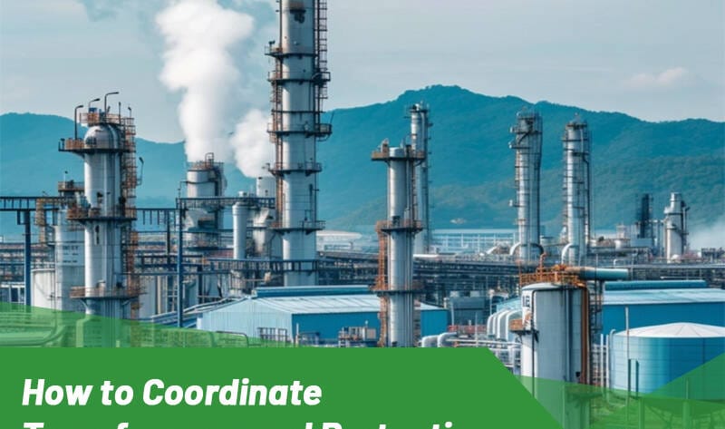 Transformer relay coordination diagram showing MV transformer, protection relays, and time current curve analysis in medium and low voltage system