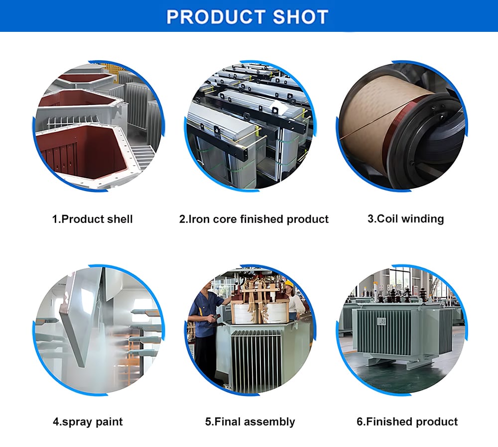 Manufacturing details of 3150KVA oil immersed transformer including product shell, iron core finished product, coil winding, spray paint, final assembly and finished product inspection.