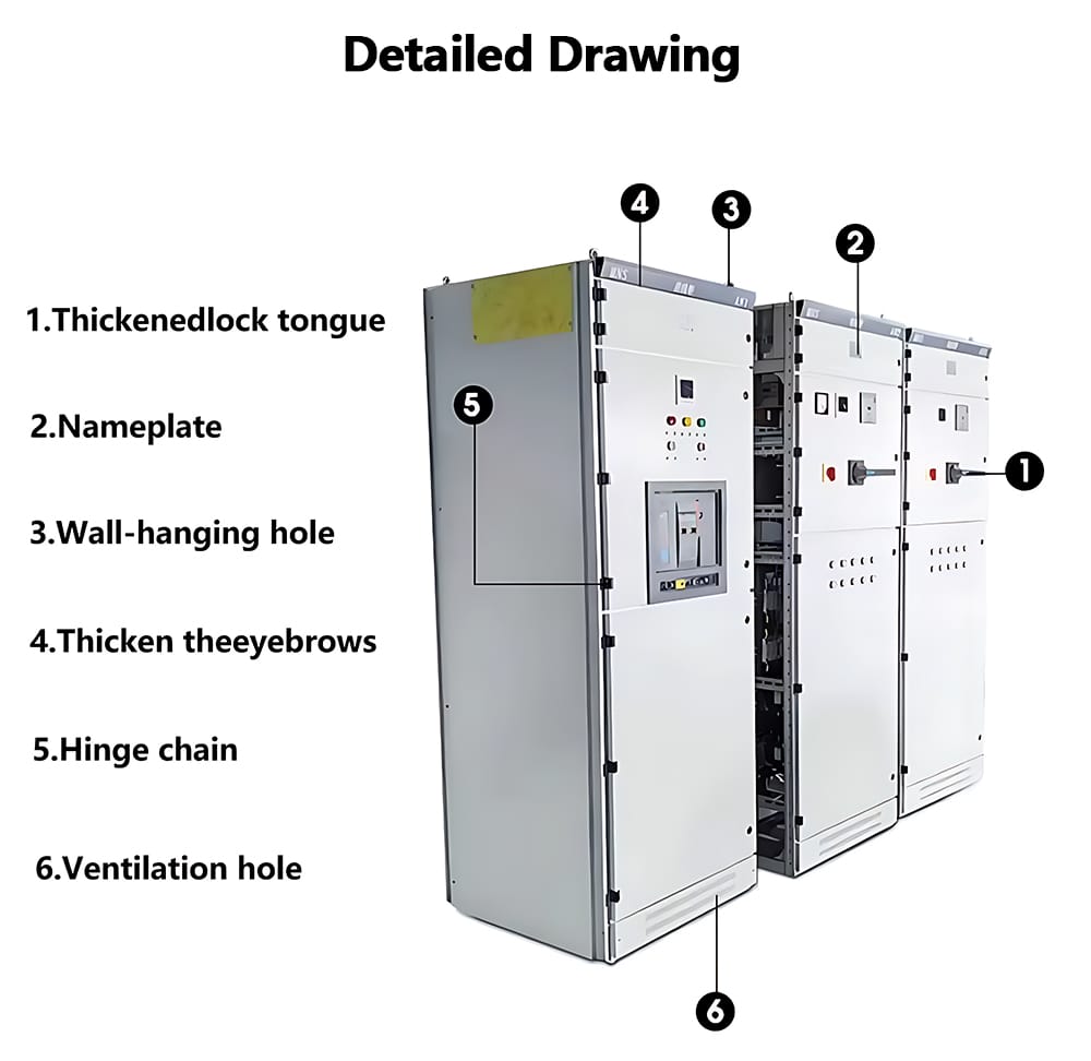 Detailed structure of low voltage distribution switchgear showing lock tongue, nameplate, hinge chain, and ventilation holes