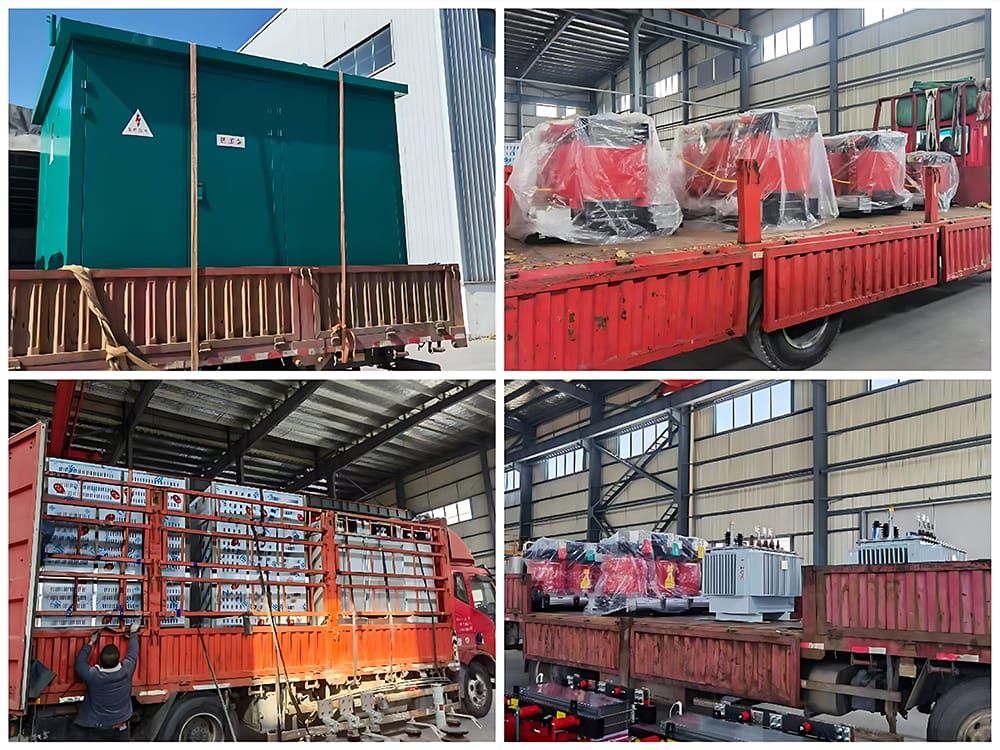 Export packing and transportation of 3150KVA oil immersed transformer with protective wrapping and secure loading for overseas delivery.